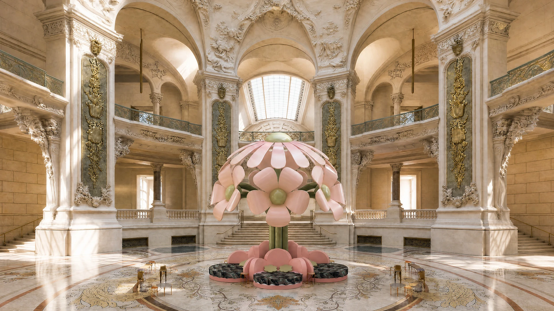Sculpture florale rose monumentale sous la coupole d'un musée parisien